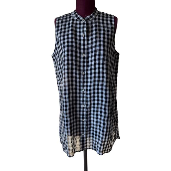 Eileen Fisher Mandarin Collar Linen Gingham Tunic Top size Medium Sleeveless Che - Picture 2 of 8
